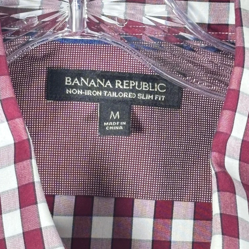 Banana Republic Mens Burgundy Gingham Non Iron Tailored Slim Fit‎ Dress Shirt  M